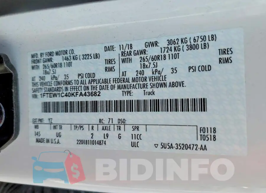 1FTEW1C40KFA43682 Photo# 12