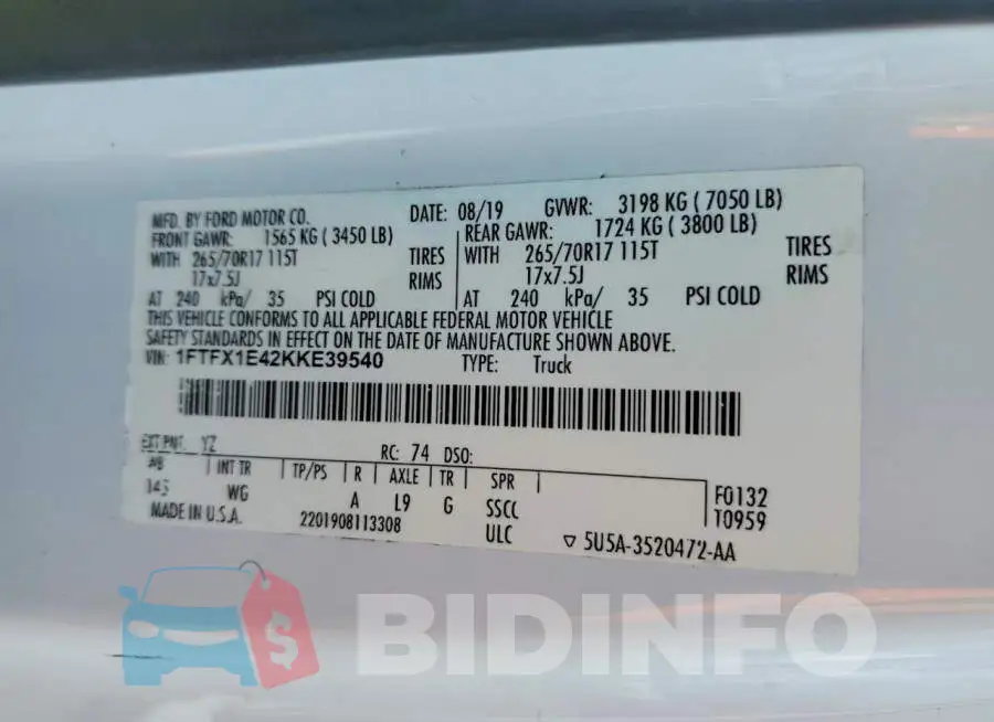 1FTFX1E42KKE39540 Photo# 12