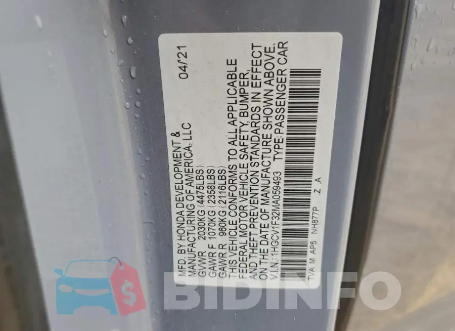 1HGCV1F32MA059493 Photo# 13