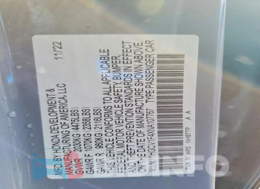 1HGCV1F4XNA107767 Photo# 12