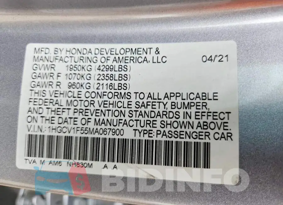 1HGCV1F55MA067900 Photo# 12