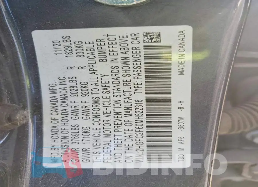 2HGFC2F60MH522316 Photo# 12