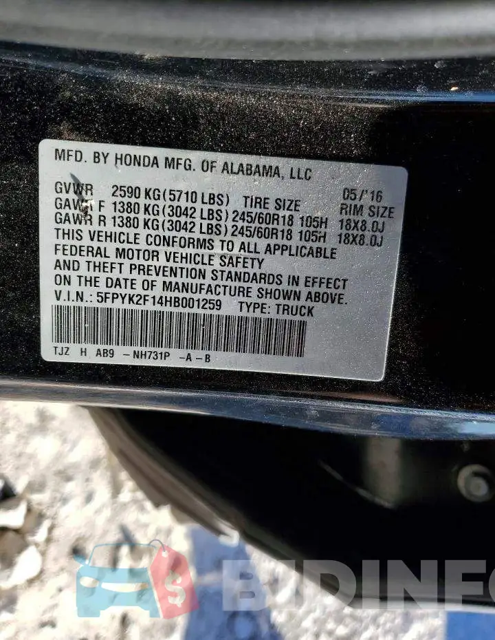 5FPYK2F14HB001259 Photo# 12