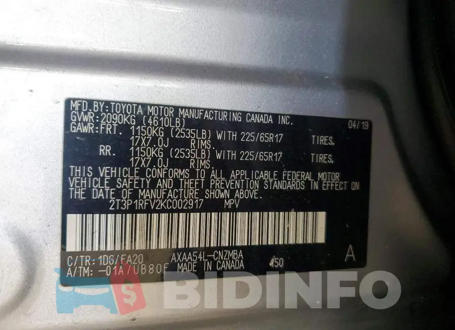 2T3P1RFV2KC002917 Photo# 13