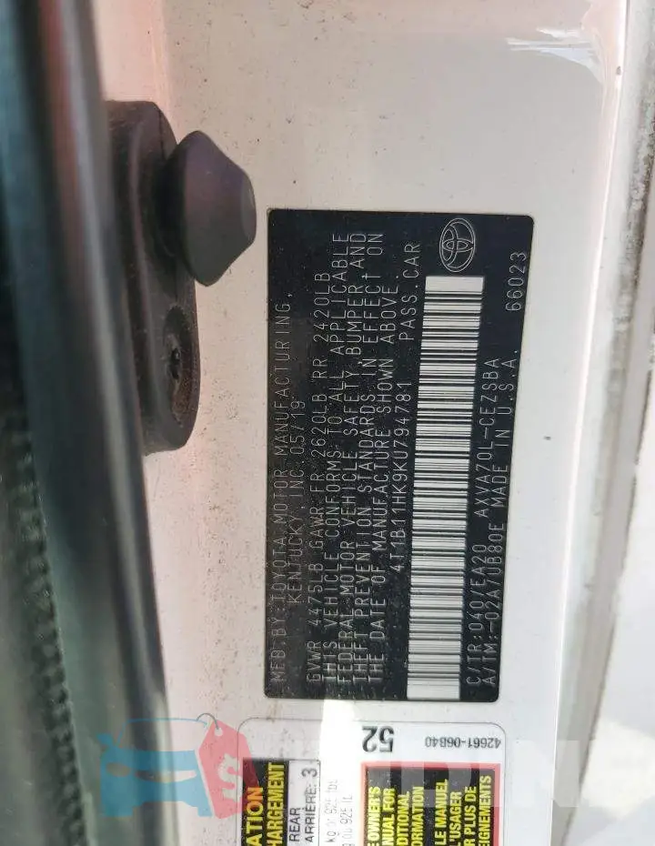 4T1B11HK9KU794781 Photo# 12