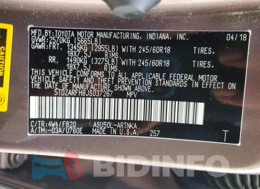 5TDZARFH8JS037267 Photo# 14