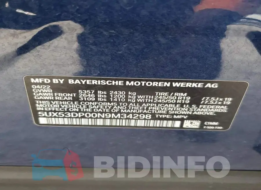 5UX53DP00N9M34298 Photo# 14