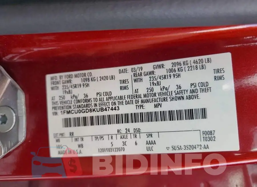 1FMCU0GD8KUB47443 Photo# 12