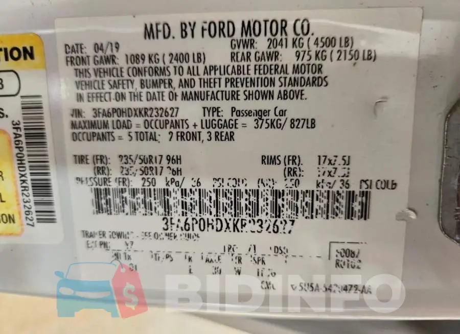 3FA6P0HDXKR232627 Photo# 12