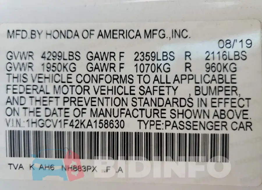 1HGCV1F42KA158630 Photo# 12