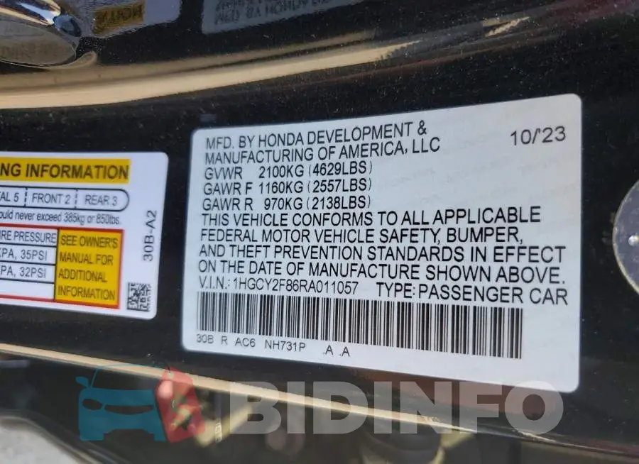 1HGCY2F86RA011057 Photo# 13