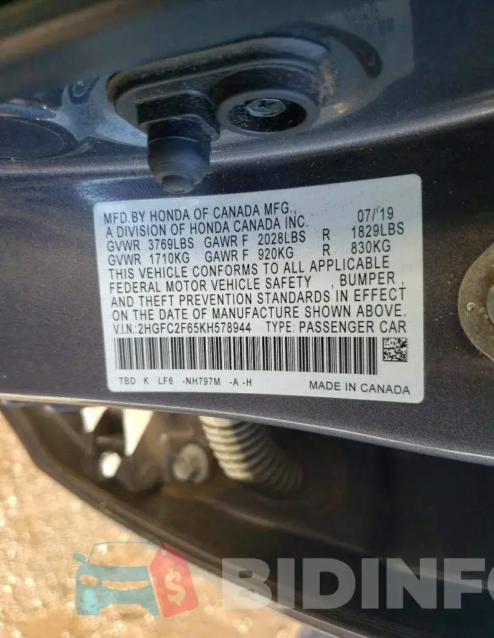 2HGFC2F65KH578944 Photo# 12
