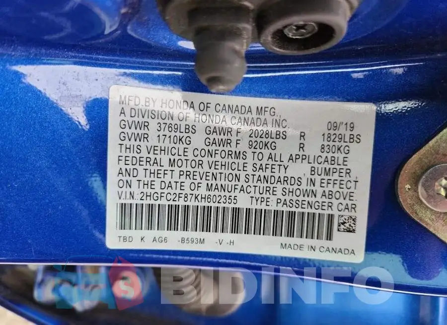 2HGFC2F87KH602355 Photo# 12