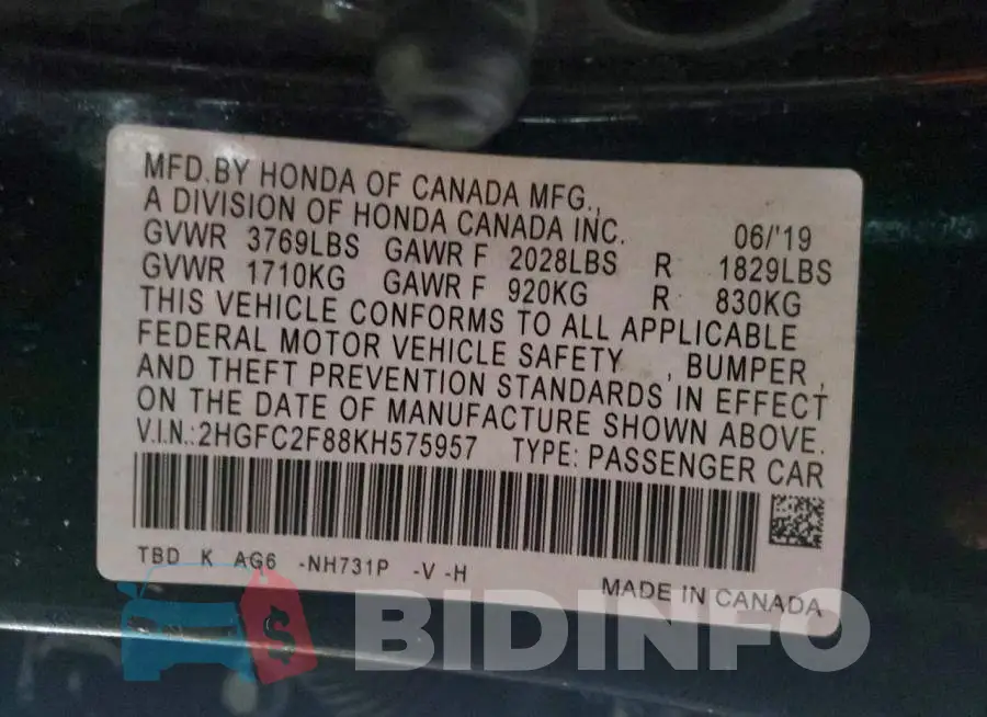 2HGFC2F88KH575957 Photo# 12