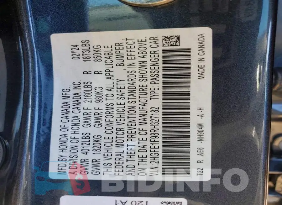 2HGFE1F98RH327182 Photo# 13
