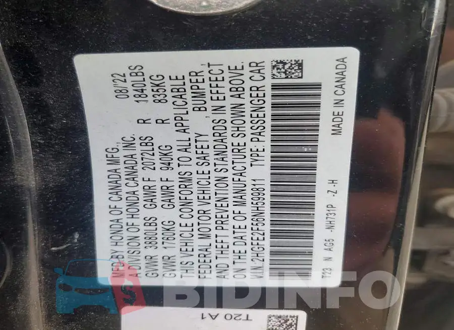 2HGFE2F56NH599811 Photo# 12