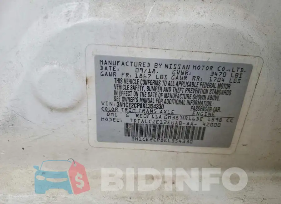 3N1CE2CP8KL354330 Photo# 12