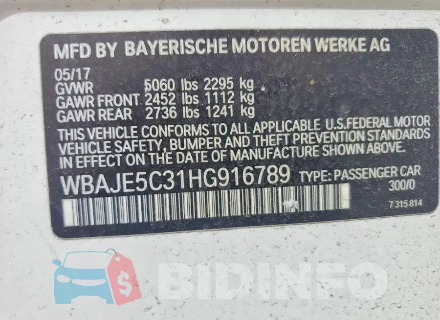 WBAJE5C31HG916789 Photo# 13