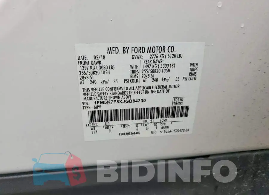 1FM5K7F8XJGB84230 Photo# 12
