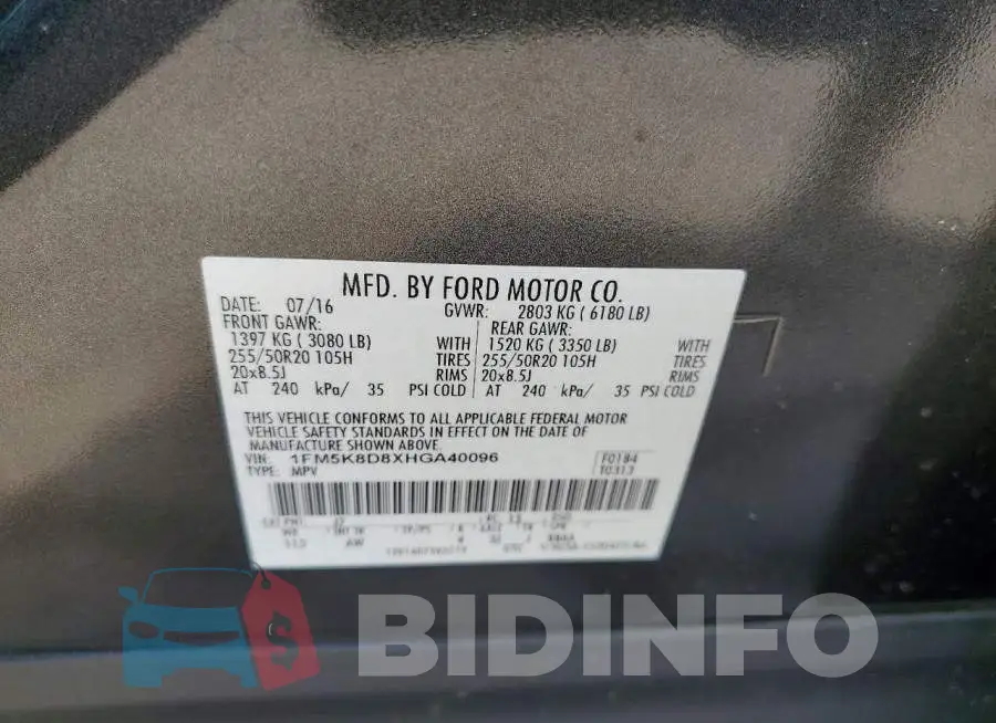 1FM5K8D8XHGA40096 Photo# 14