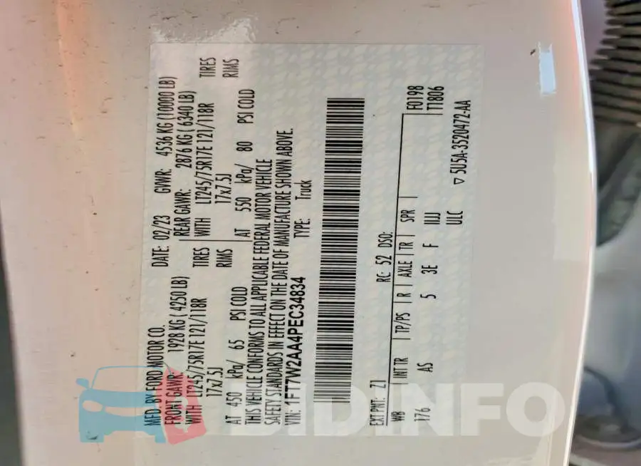 1FT7W2AA4PEC34834 Photo# 14