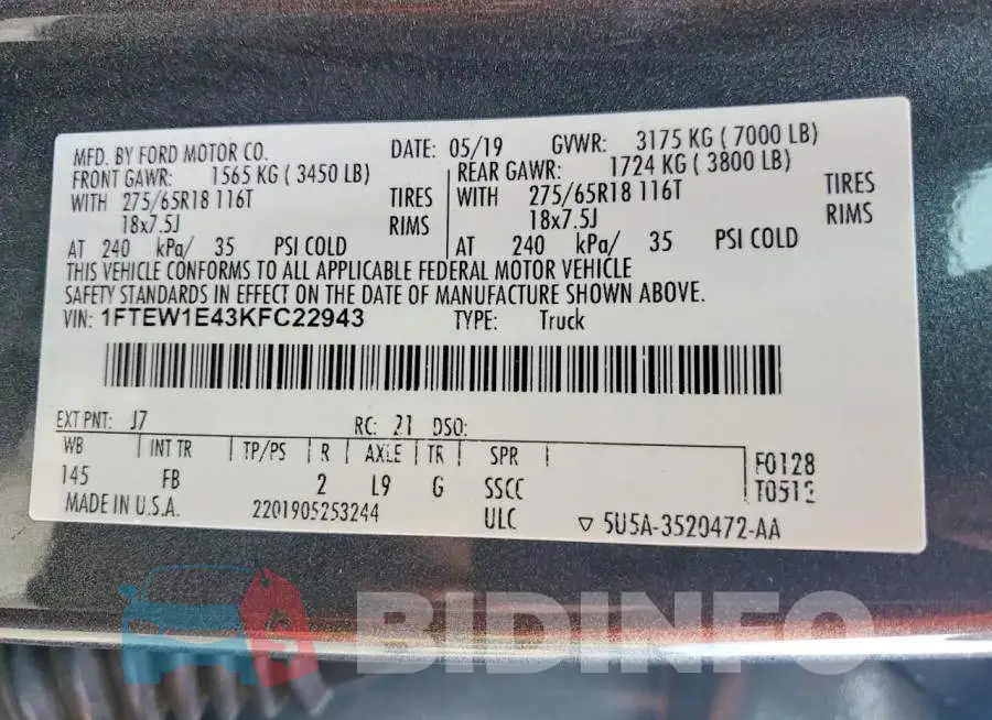 1FTEW1E43KFC22943 Photo# 12
