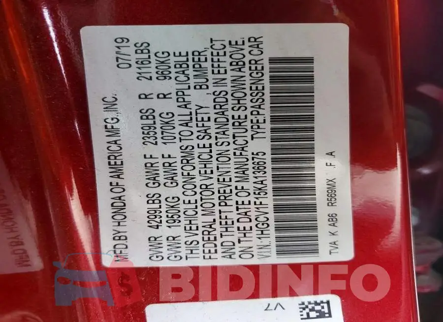 1HGCV1F15KA136675 Photo# 12