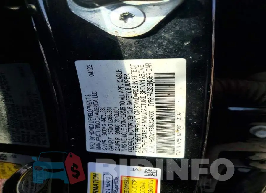 1HGCV1F31NA049331 Photo# 12