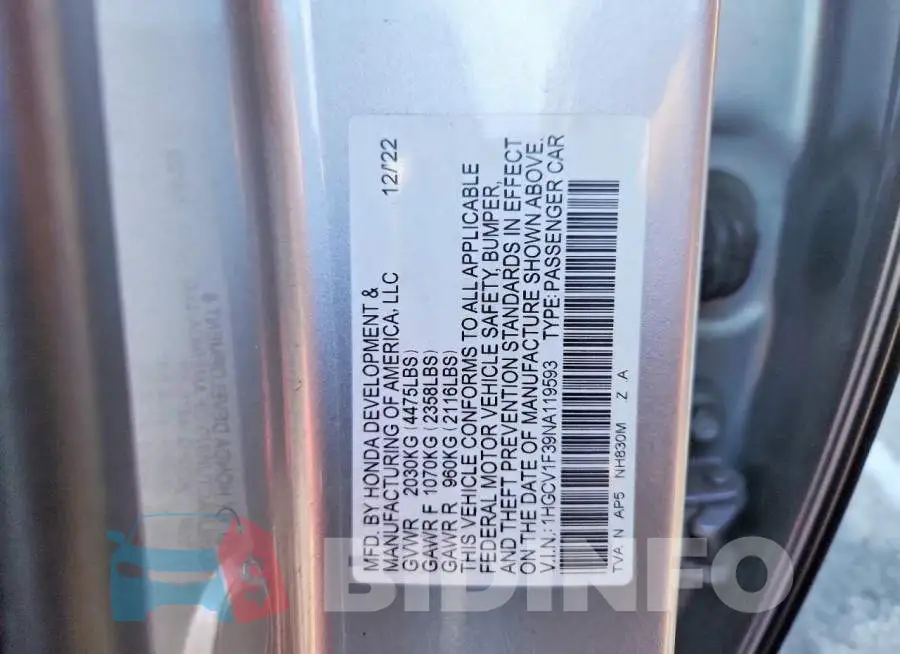 1HGCV1F39NA119593 Photo# 12