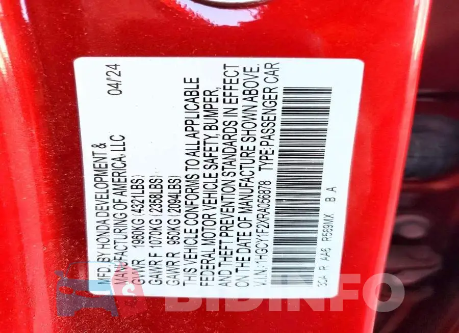 1HGCY1F2XRA056878 Photo# 12