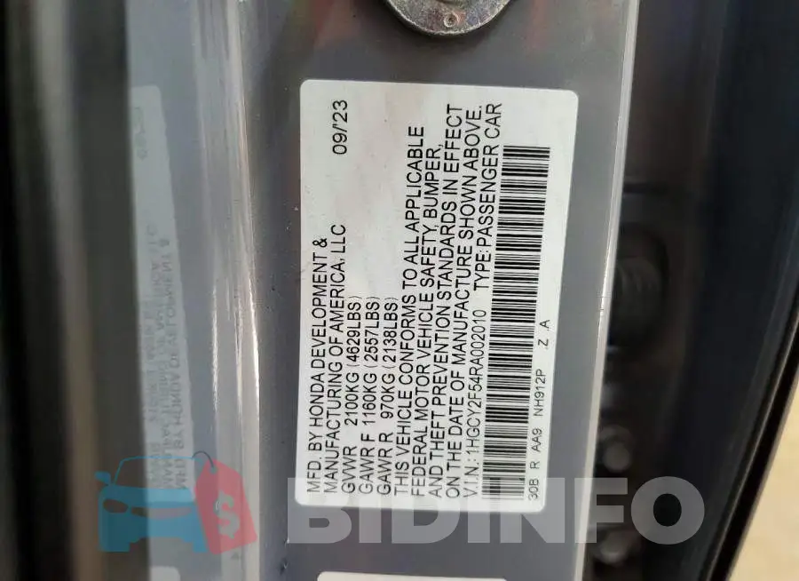 1HGCY2F54RA002010 Photo# 12
