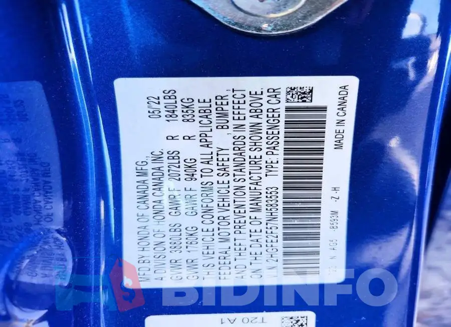 2HGFE2F57NH583553 Photo# 12