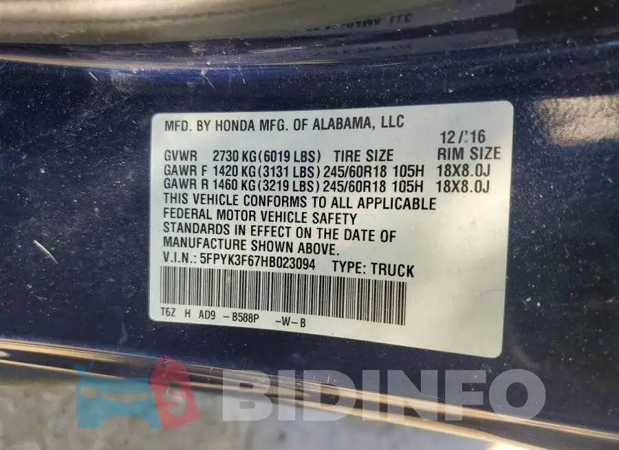 5FPYK3F67HB023094 Photo# 13