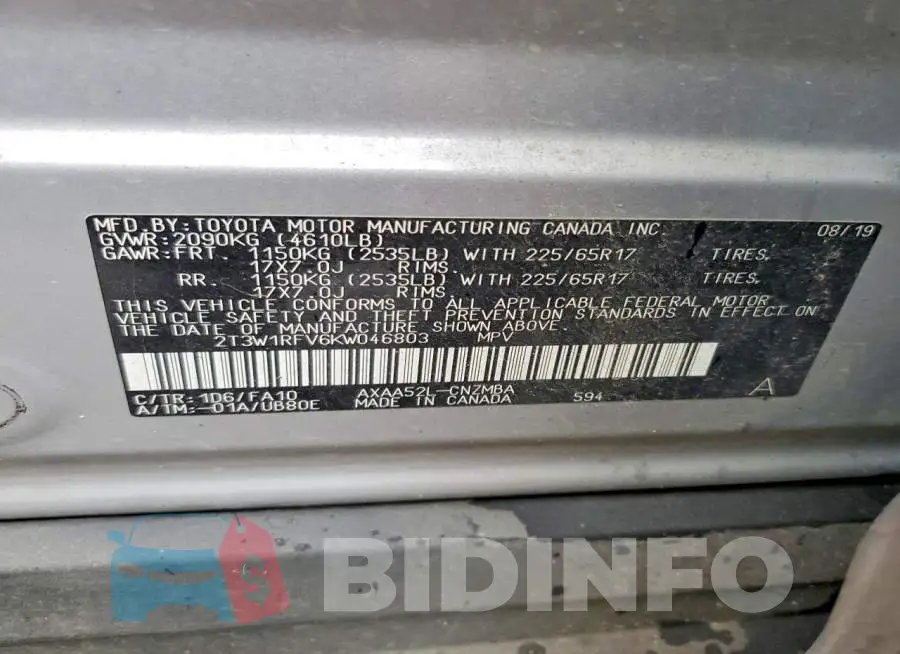 2T3W1RFV6KW046803 Photo# 14