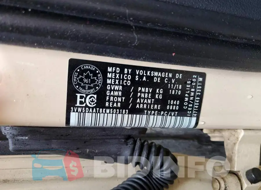3VW5DAAT8KM503183 Photo# 13