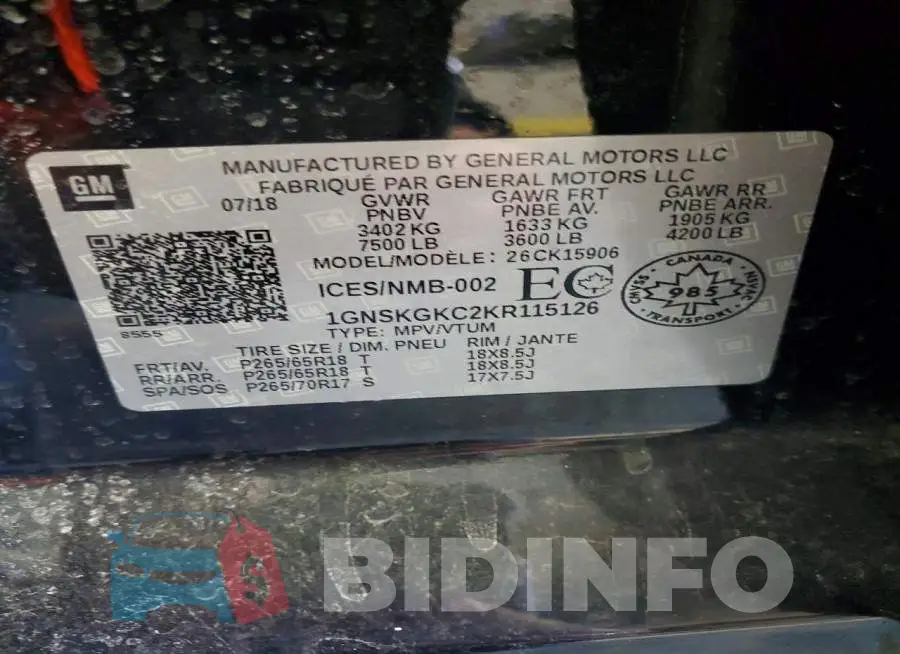 1GNSKGKC2KR115126 Photo# 13