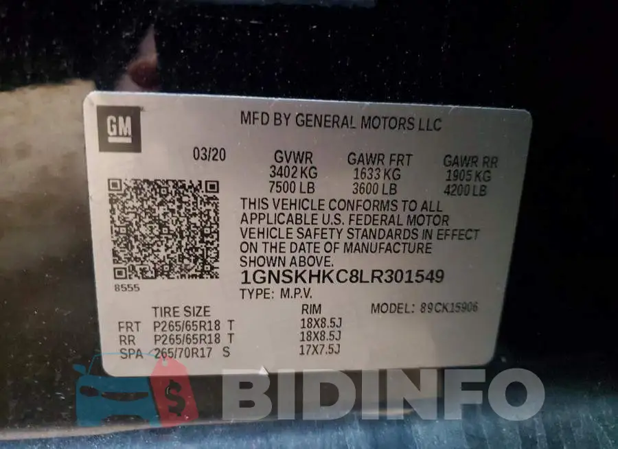 1GNSKHKC8LR301549 Photo# 14