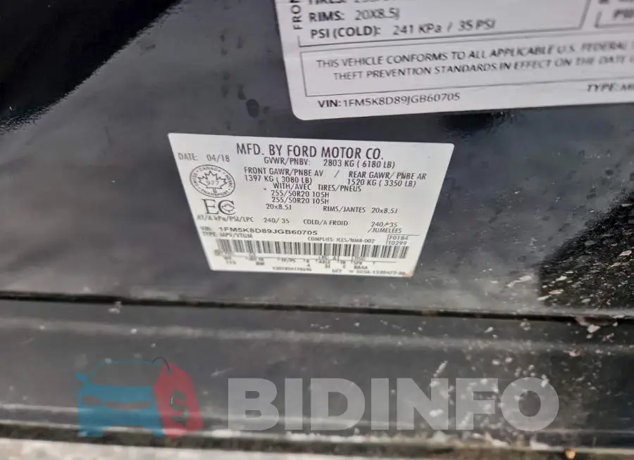 1FM5K8D89JGB60705 Photo# 13