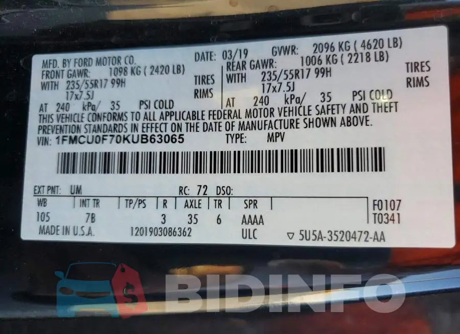1FMCU0F70KUB63065 Photo# 13