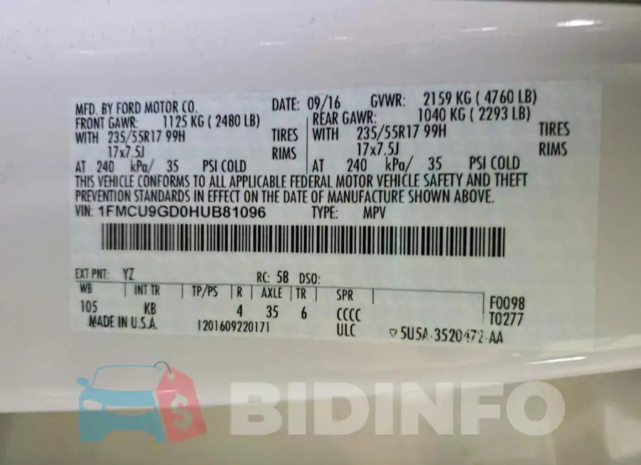 1FMCU9GD0HUB81096 Photo# 13