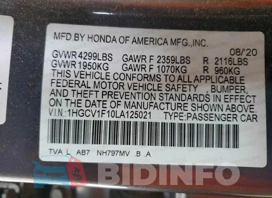 1HGCV1F10LA125021 Photo# 12