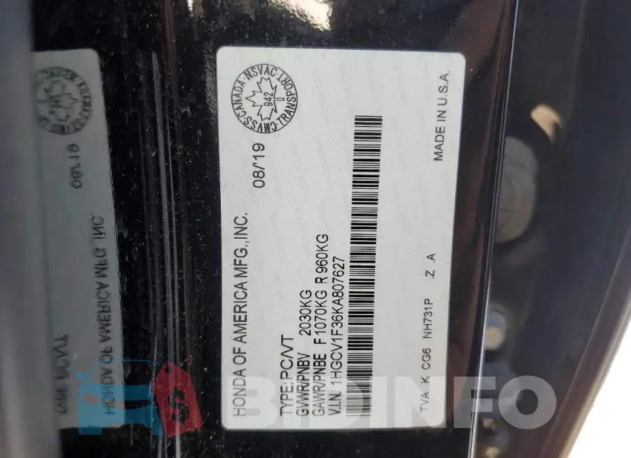 1HGCV1F36KA807627 Photo# 13