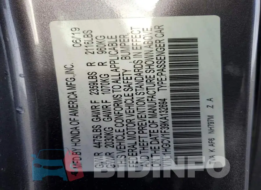 1HGCV1F39KA132694 Photo# 12