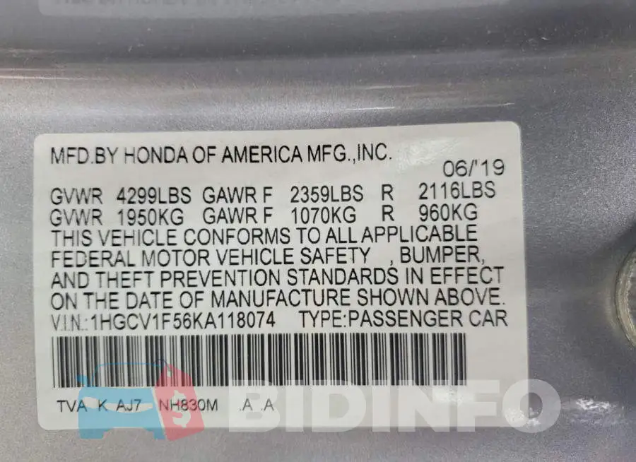 1HGCV1F56KA118074 Photo# 12