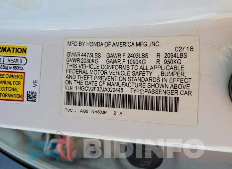1HGCV2F32JA022445 Photo# 13