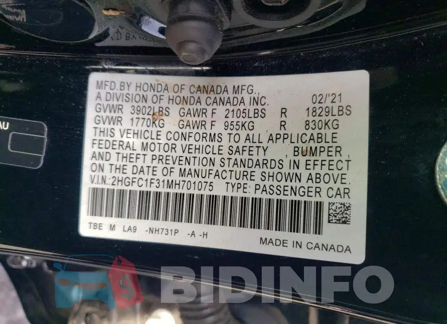 2HGFC1F31MH701075 Photo# 12