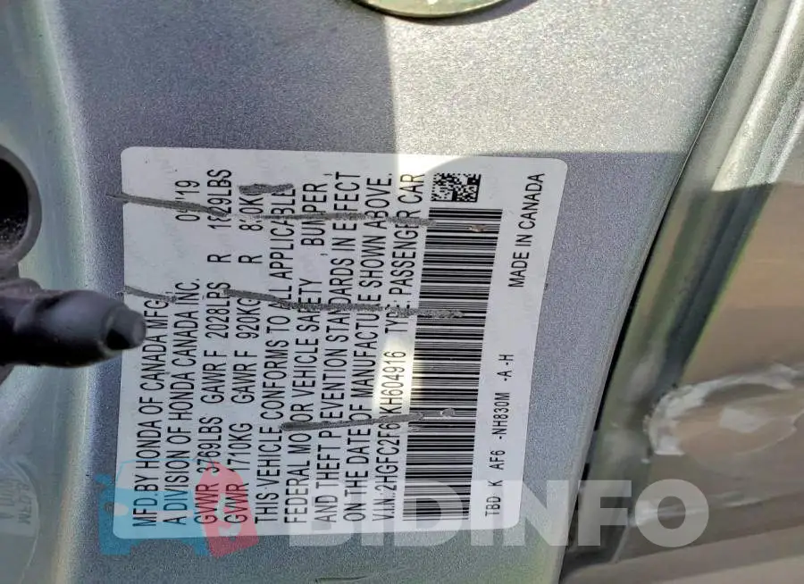 2HGFC2F60KH604916 Photo# 12