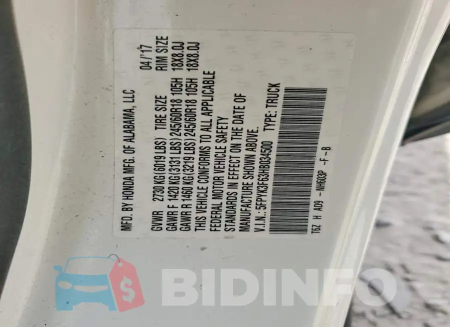 5FPYK3F63HB034500 Photo# 12