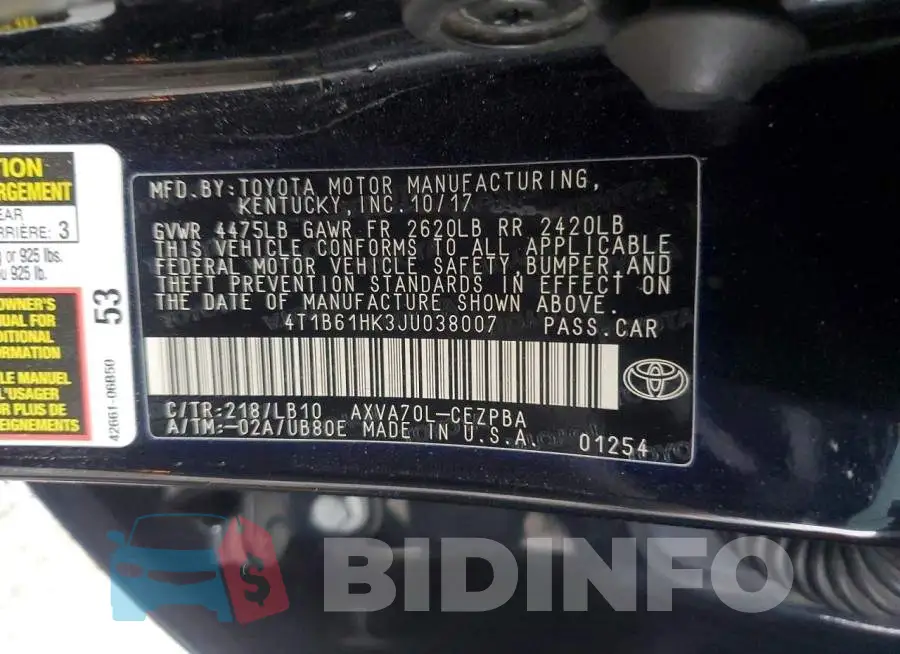 4T1B61HK3JU038007 Photo# 13