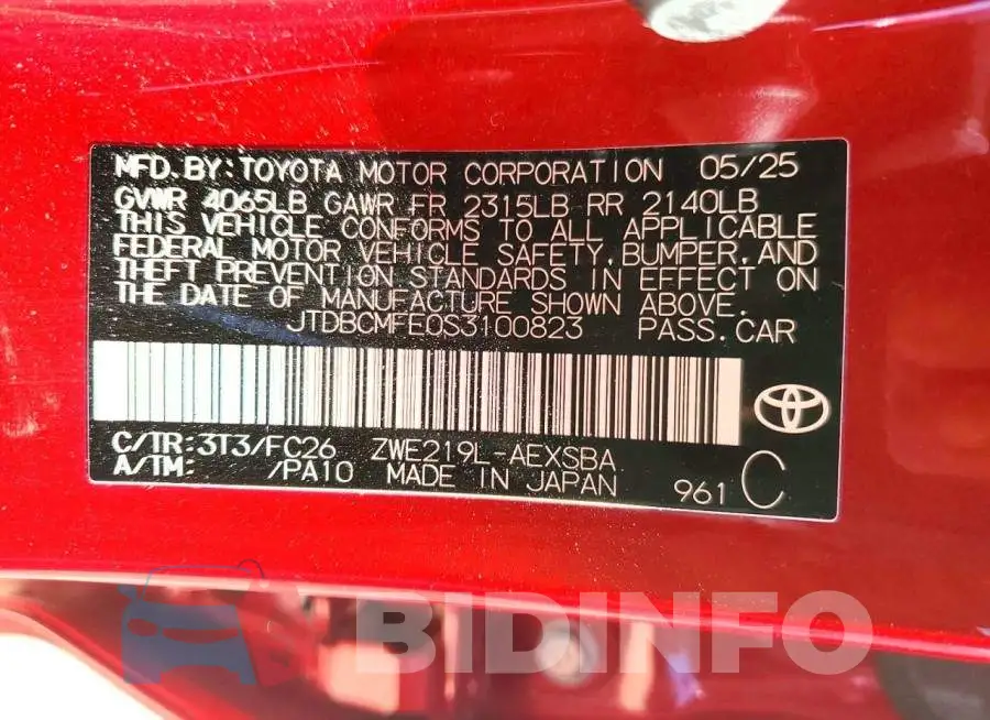 JTDBCMFE0S3100823 Photo# 13
